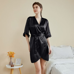 New women's pajamas, light luxury simple lotus leaf sleeve cool short belted bathrobe, summer home wear.