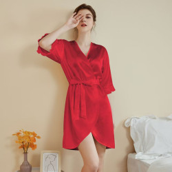New women's pajamas, light luxury simple lotus leaf sleeve cool short belted bathrobe, summer home wear.