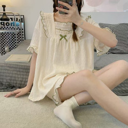 Summer short-sleeved pajamas for women Japanese-style girls' solid color breathable and simple home clothes.