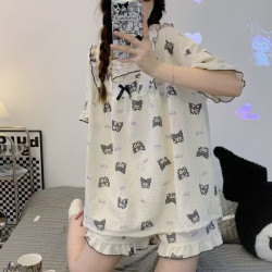 Summer short-sleeved pajamas for women Japanese-style girls' solid color breathable and simple home clothes.