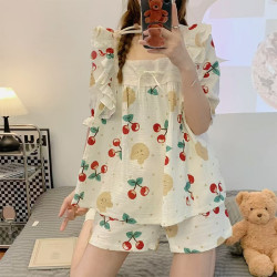 Summer short-sleeved pajamas for women Japanese-style girls' solid color breathable and simple home clothes.