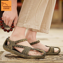 Oriental camel sandals men's outerwear non-slip Roman woven straw shoes men