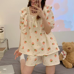 Summer short-sleeved pajamas for women Japanese-style girls' solid color breathable and simple home clothes.