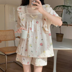 Summer short-sleeved pajamas for women Japanese-style girls' solid color breathable and simple home clothes.