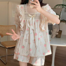 Summer short-sleeved pajamas for women Japanese-style girls' solid color breathable and simple home clothes.