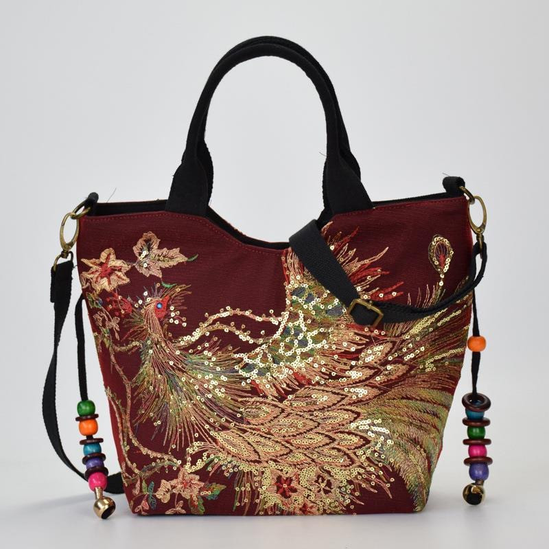National style embroidered bag canvas peacock embroidery handbag diagonal bag