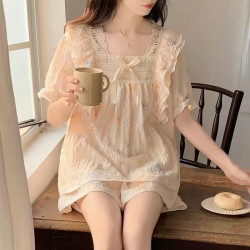 Summer short-sleeved pajamas for women Japanese-style girls' solid color breathable and simple home clothes.