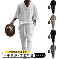 New casual loose three-quarter sleeve jacquard knitwear top trousers set