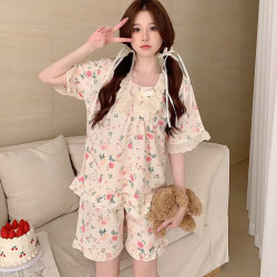 Summer short-sleeved pajamas for women Japanese-style girls' solid color breathable and simple home clothes.