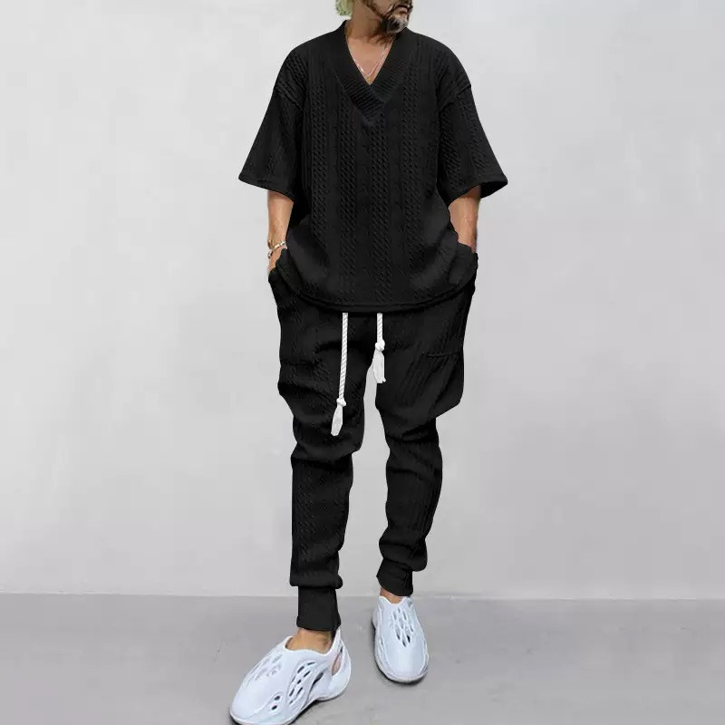 New casual loose three-quarter sleeve jacquard knitwear top trousers set