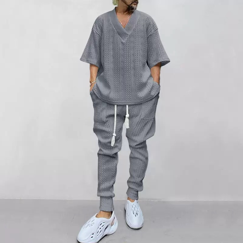 New casual loose three-quarter sleeve jacquard knitwear top trousers set