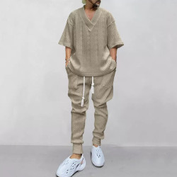 New casual loose three-quarter sleeve jacquard knitwear top trousers set