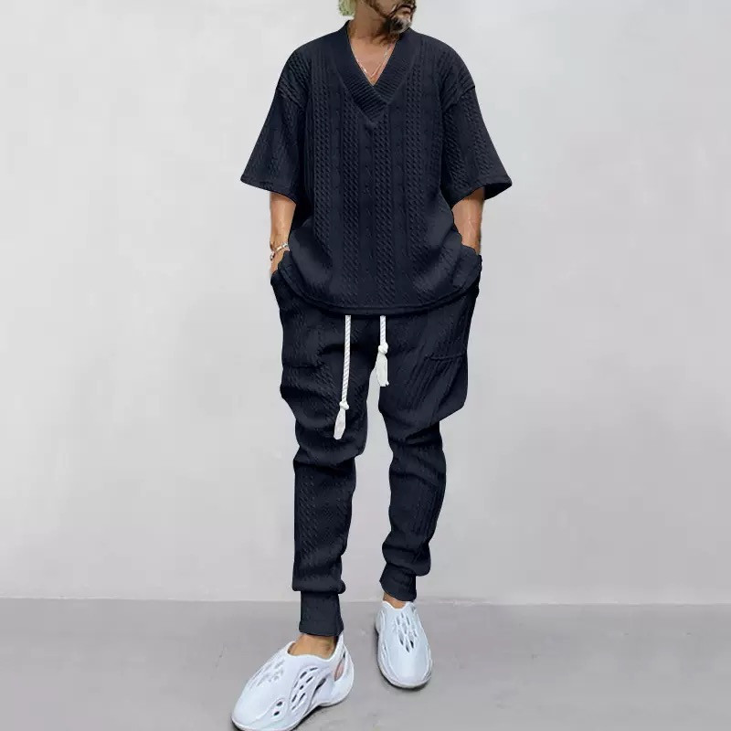 New casual loose three-quarter sleeve jacquard knitwear top trousers set