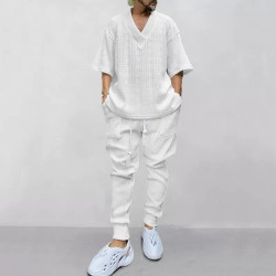 New casual loose three-quarter sleeve jacquard knitwear top trousers set