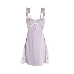 Sexy low-cut with bust pad sheer lace flutter sleeve satin camisole nightgown robe home wear set