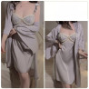 Sexy low-cut with bust pad sheer lace flutter sleeve satin camisole nightgown robe home wear set
