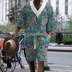 Graffiti printed men's three-quarter sleeve short-sleeved shorts oversize off-the-shoulder casual suit