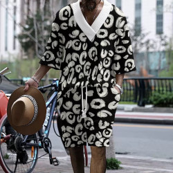 Graffiti printed men's three-quarter sleeve short-sleeved shorts oversize off-the-shoulder casual suit