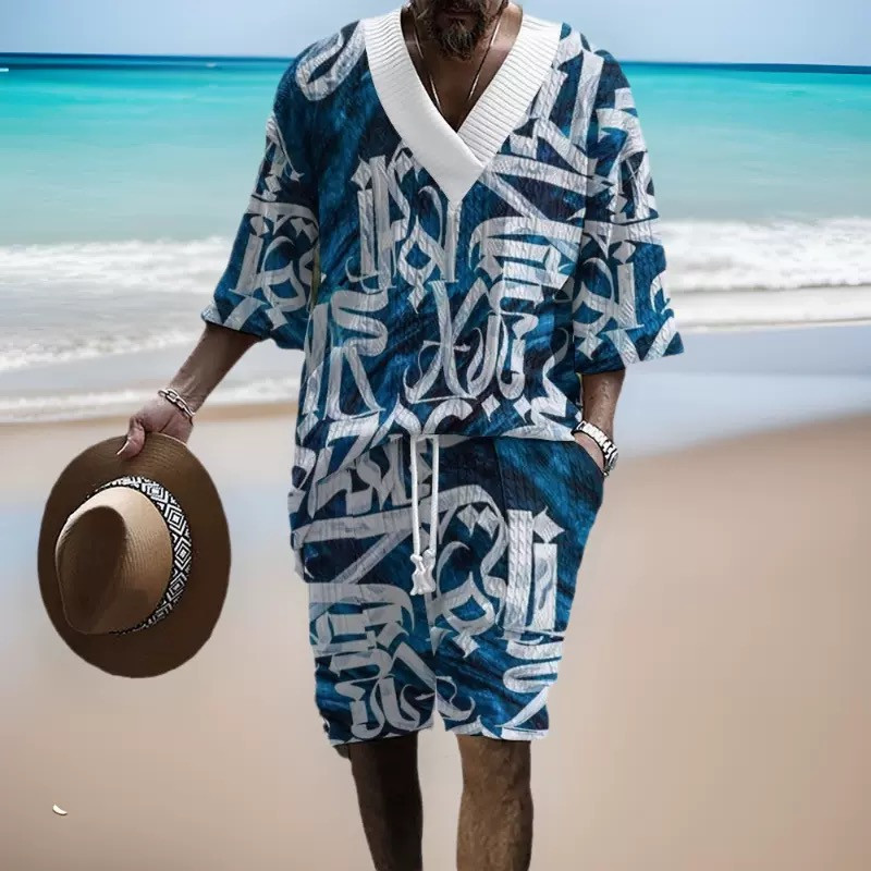 Graffiti printed men's three-quarter sleeve short-sleeved shorts oversize off-the-shoulder casual suit