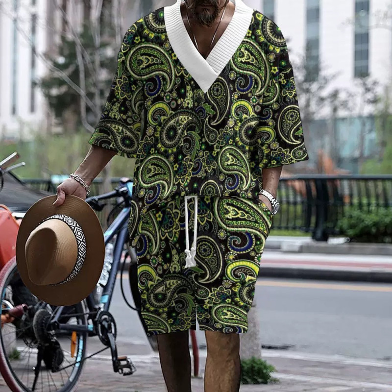Graffiti printed men's three-quarter sleeve short-sleeved shorts oversize off-the-shoulder casual suit
