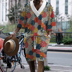 Graffiti printed men's three-quarter sleeve short-sleeved shorts oversize off-the-shoulder casual suit
