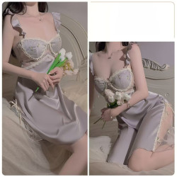 Sexy low-cut with bust pad sheer lace flutter sleeve satin camisole nightgown robe home wear set