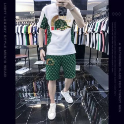 Fashion casual men's suit personality printed men's T light luxury top shorts complete set