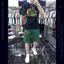 Fashion casual men's suit personality printed men's T light luxury top shorts complete set