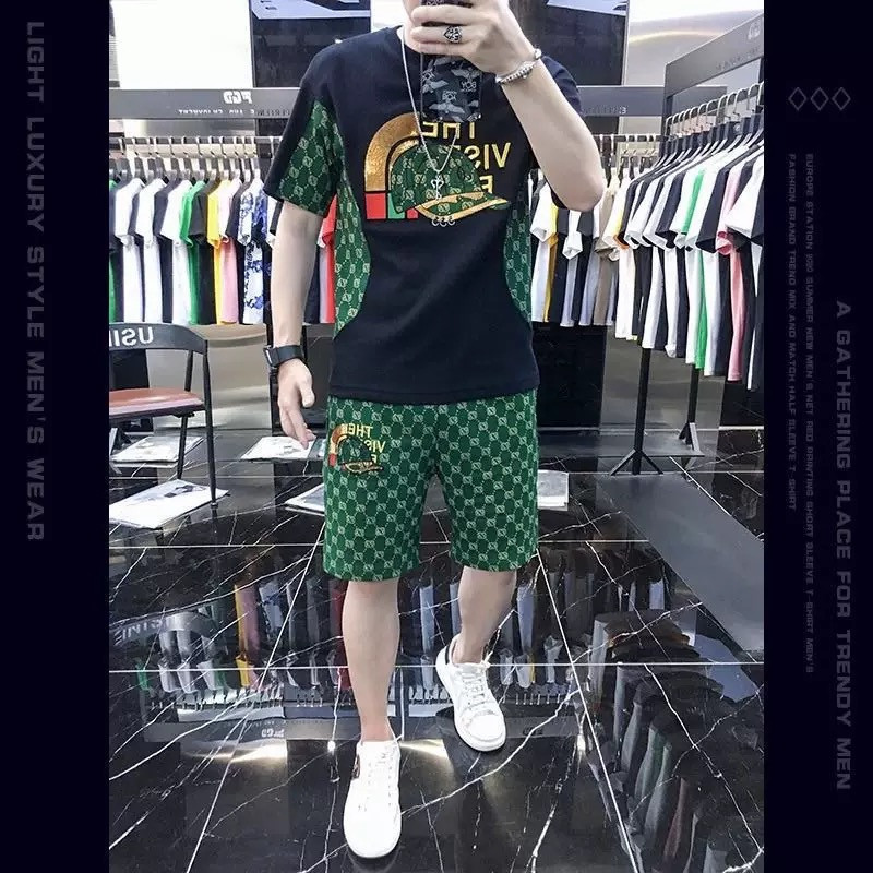 Fashion casual men's suit personality printed men's T light luxury top shorts complete set