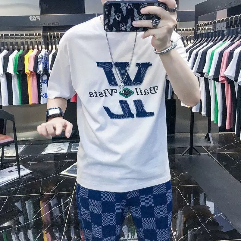 Fashion casual men's suit personality printed men's T light luxury top shorts complete set