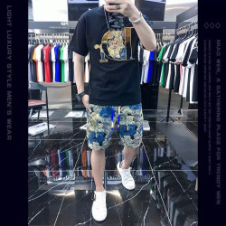 Fashion casual men's suit personality printed men's T light luxury top shorts complete set
