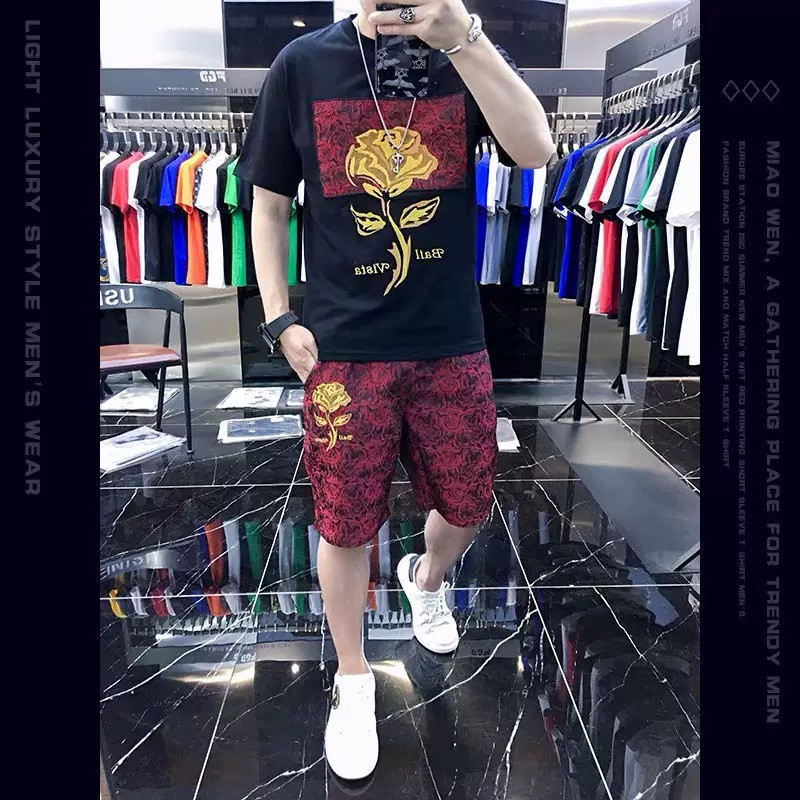 Fashion casual men's suit personality printed men's T light luxury top shorts complete set