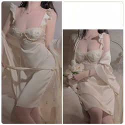 Sexy low-cut with bust pad sheer lace flutter sleeve satin camisole nightgown robe home wear set