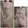 Sexy low-cut with bust pad sheer lace flutter sleeve satin camisole nightgown robe home wear set