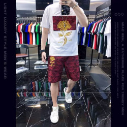 Fashion casual men's suit personality printed men's T light luxury top shorts complete set
