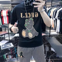Fashion casual men's suit personality printed men's T light luxury top shorts complete set