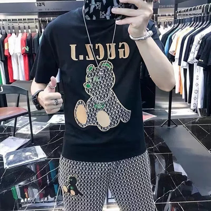 Fashion casual men's suit personality printed men's T light luxury top shorts complete set