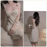 Sexy low-cut with bust pad sheer lace flutter sleeve satin camisole nightgown robe home wear set