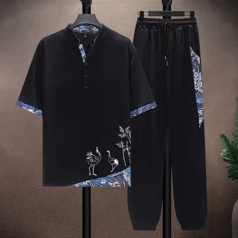 Ice silk suit men's summer thin Tang style short-sleeved casual Chinese style men's loose