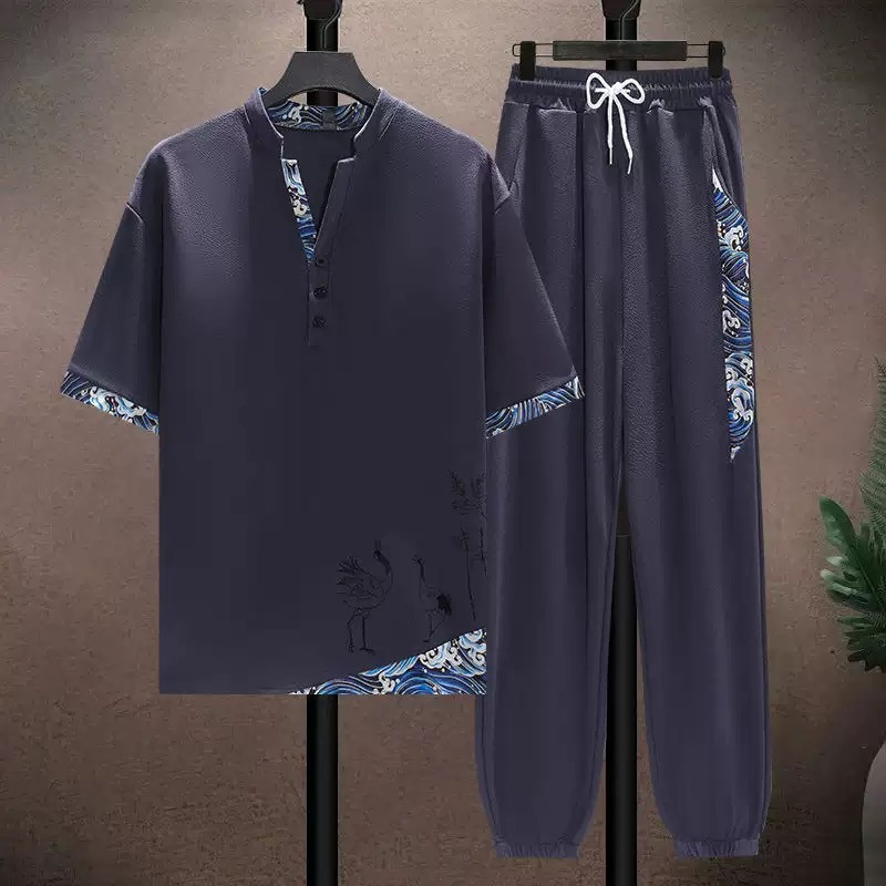 Ice silk suit men's summer thin Tang style short-sleeved casual Chinese style men's loose