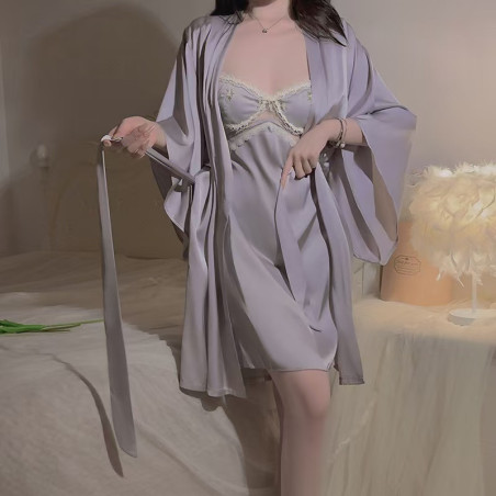Sexy low-cut with bust pad sheer lace flutter sleeve satin camisole nightgown robe home wear set