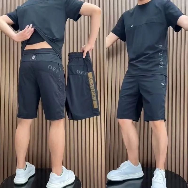 Ice silk casual suit elastic print breathable mesh refreshing sports shorts - T-shirt