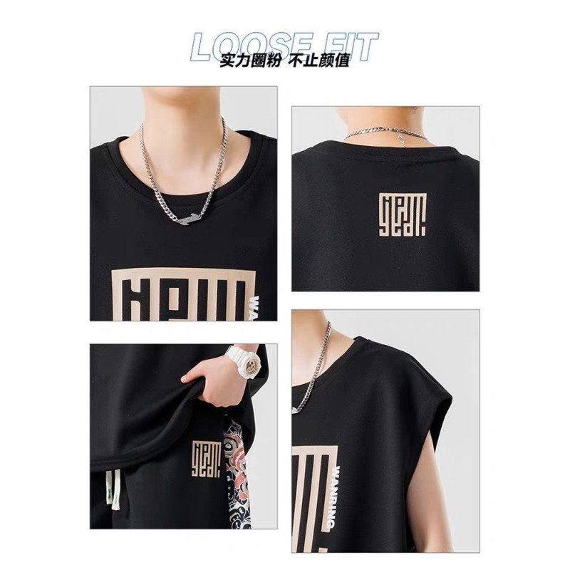 Guochao Ice Silk Sleeveless T-shirt Men's Quick-drying Vest Shorts Casual Set