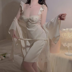 Sexy low-cut with bust pad sheer lace flutter sleeve satin camisole nightgown robe home wear set