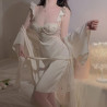 Sexy low-cut with bust pad sheer lace flutter sleeve satin camisole nightgown robe home wear set