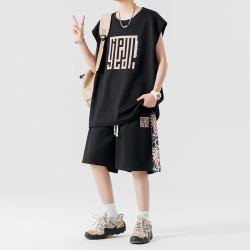 Guochao Ice Silk Sleeveless T-shirt Men's Quick-drying Vest Shorts Casual Set