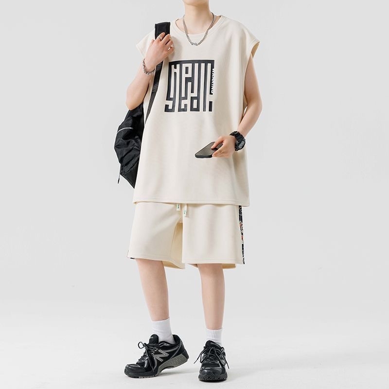 Guochao Ice Silk Sleeveless T-shirt Men's Quick-drying Vest Shorts Casual Set