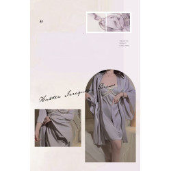 Sexy low-cut with bust pad sheer lace flutter sleeve satin camisole nightgown robe home wear set