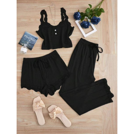 New lace trim camisole and shorts pajamas for women, wearable outside the slim three-piece set.