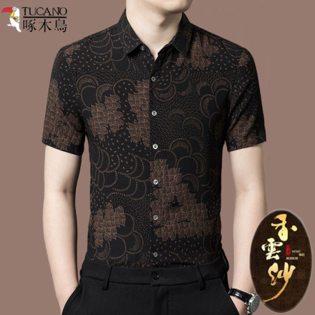 Woodpecker fragrant cloud yarn mulberry silk short-sleeved flower shirt silk thin Chinese style